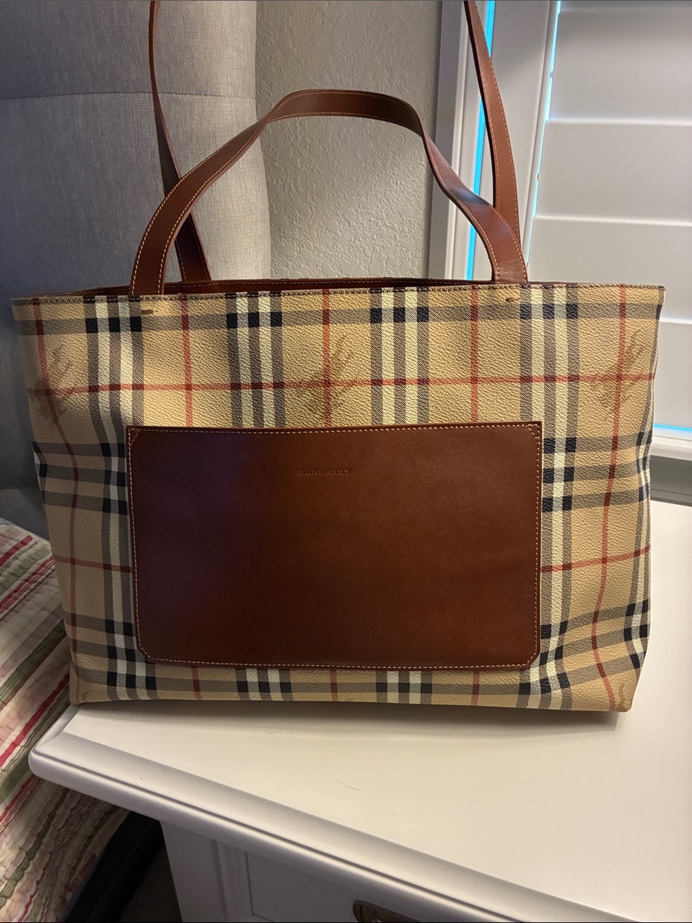 Burberry Beige Plaid Tote with Brown Leather Pocket